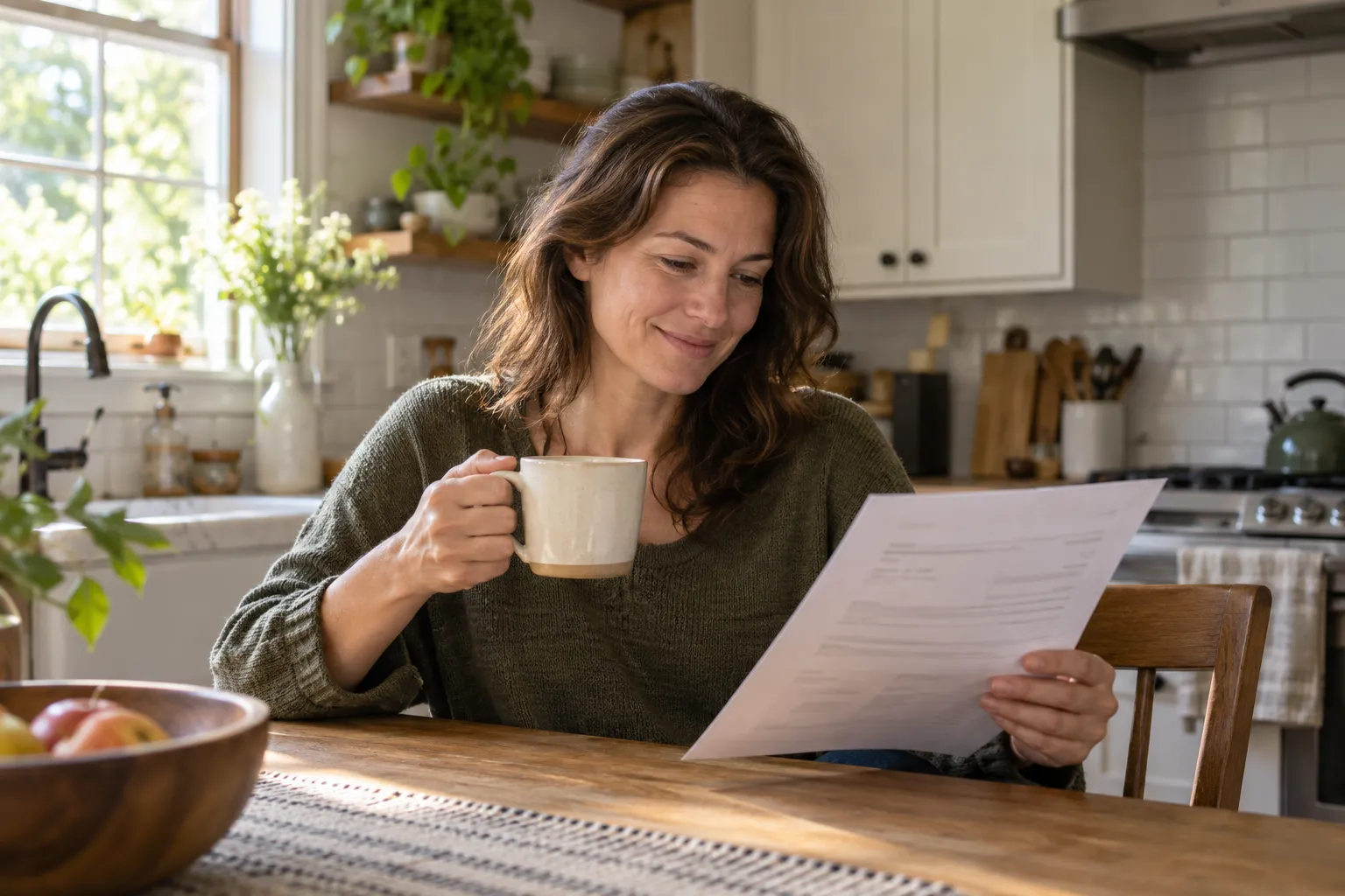 Homeowner reviewing a written roof quote at the kitchen table